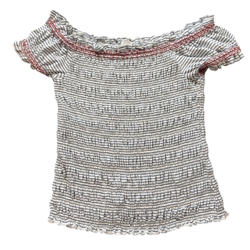 Maeve Striped Smocked Off The Shoulder Top, Blue & White, Short Sleeve‎